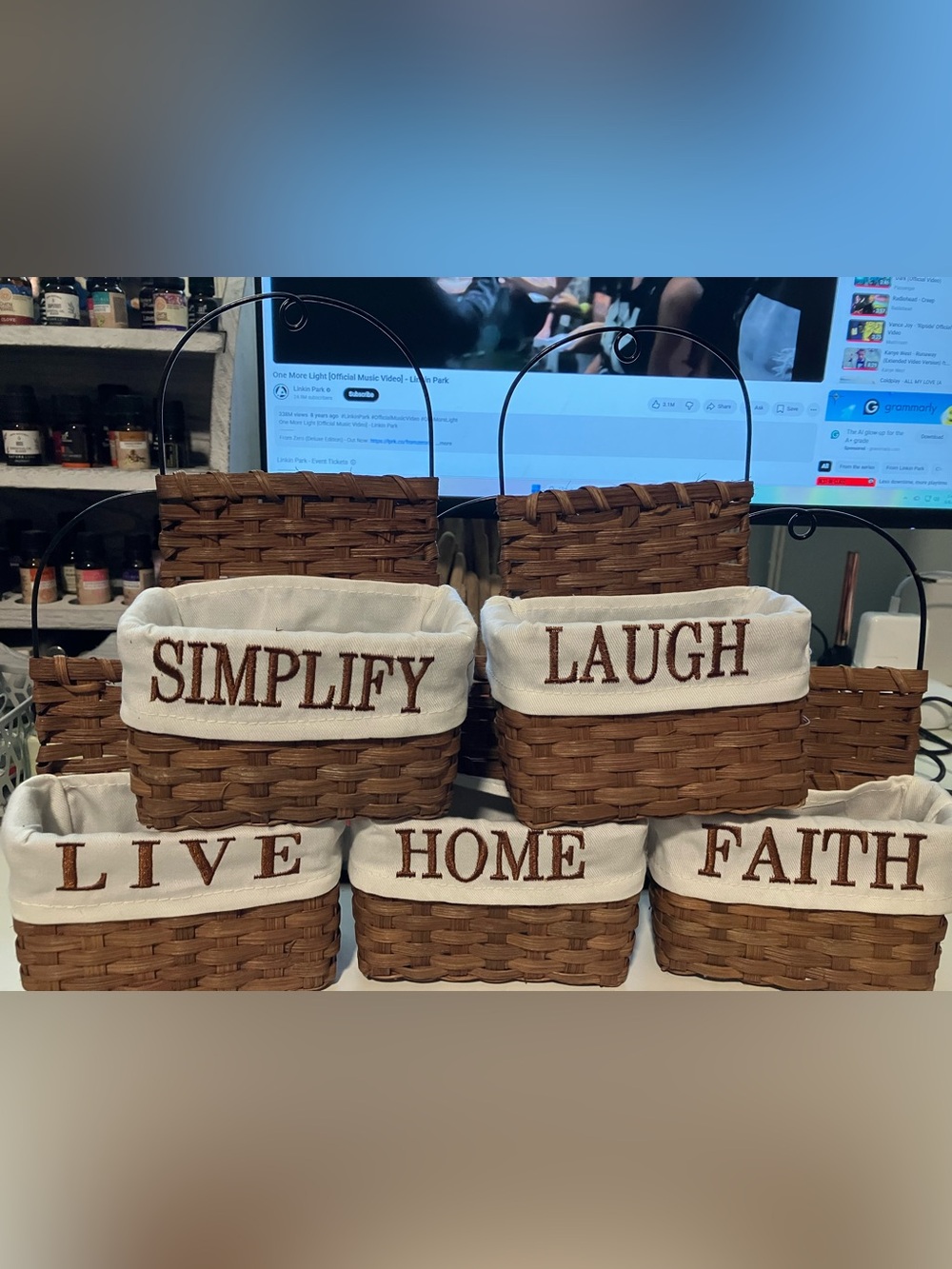 NEW Primitive Lined Hanging Embroidered Baskets
